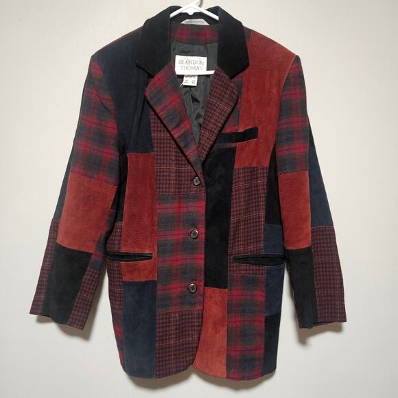 Vtg Brandon Thomas Suede Leather Patchwork Blazer Womens Sz‎ 10 Red Black Jacket - Picture 13 of 13